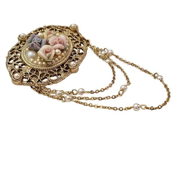 1928 Brand Porcelain Rose Victorian Style Chatelaine Chain Filigree Brooch, L409 - Picture 3 of 8